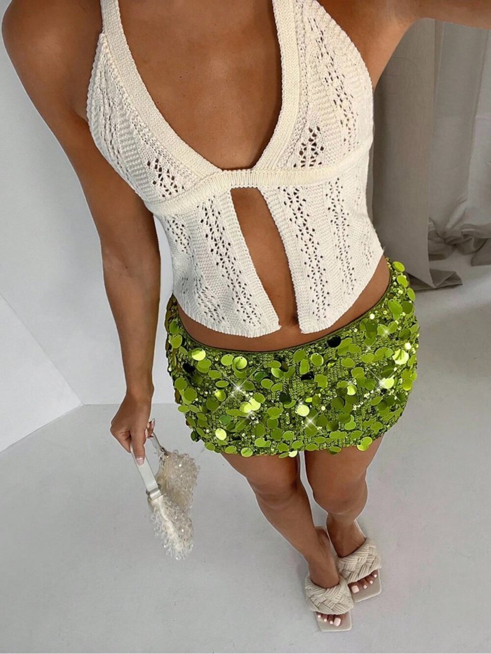 Green Shiny Bodycon Women's Low Waist Mini Skirt with Rhinestone Y2K Clubwear - Picture 4 of 7